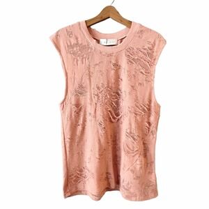 IRO Jeans Apie Top Crew Neck Burnout Tank Coral Orange Distressed Cotton Medium